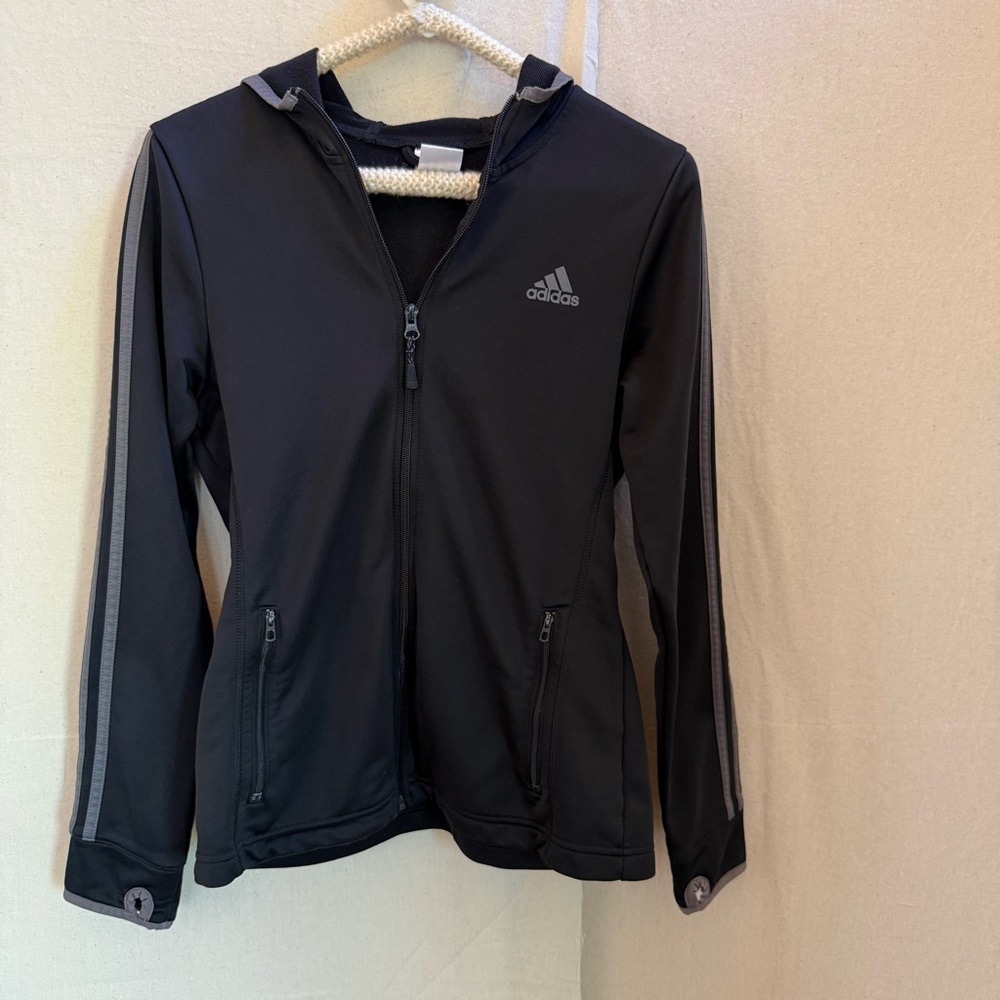 Adidas Women’s Black and Gray Zip Up‎ Hooded Sweatshirt-Size M